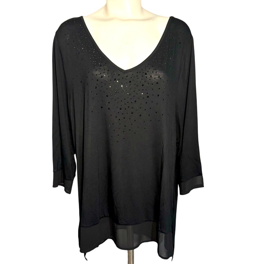 Belldini Womens 2X Elegant Black Jeweled Top 31" length, 3/4 sleeves Pre-Owned